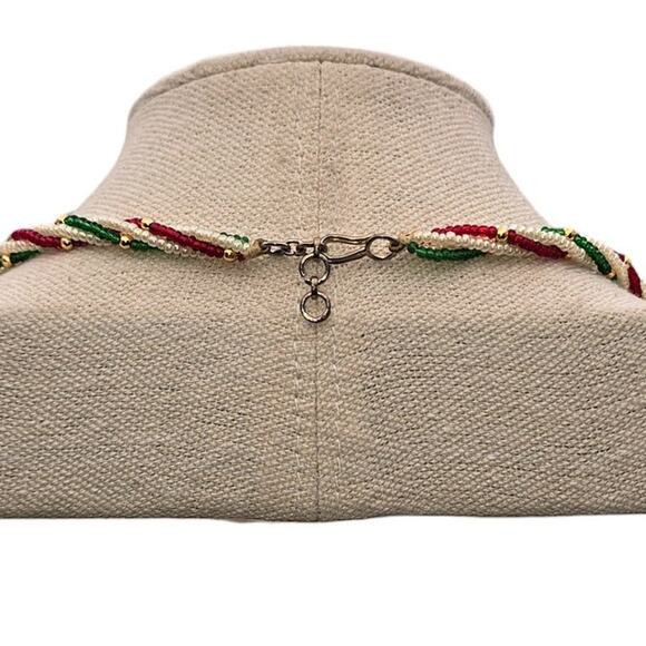 Red & Green Twisted Vintage Multi-Strand Beaded Necklace with Pendant Charm - Picture 5 of 5